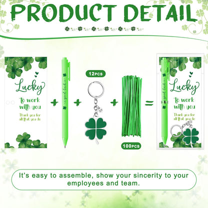 Fullhawl 12 Sets Shamrock Pen Gifts Bulk for Employee Good Luck Ballpoint Pens Clover Keychains with Thank You Cards for Teacher End of Year Team Staff Coworker Graduation