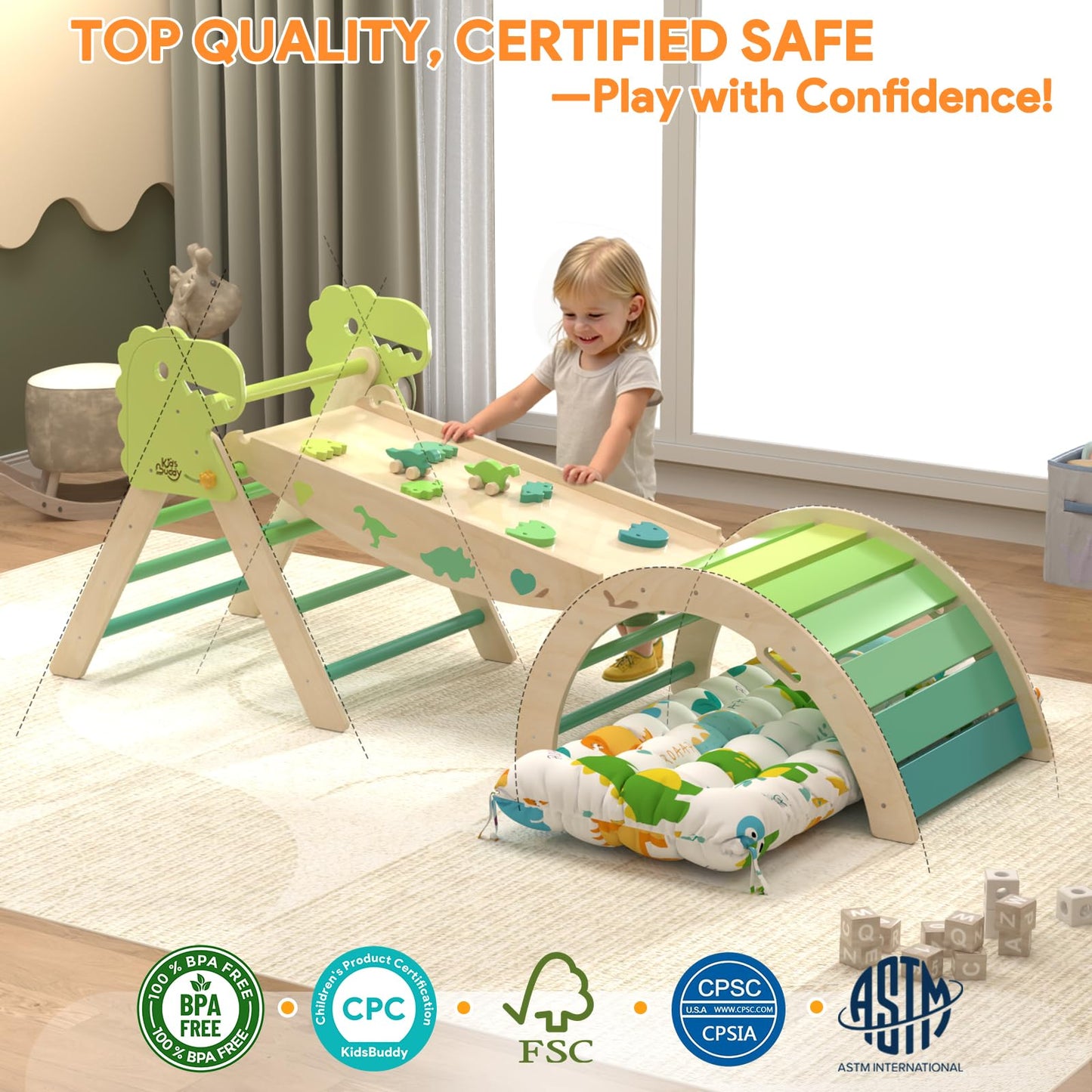 KidsBuddy Pikler Triangle Set with Cushion 9 in 1 Climbing Toys for Toddlers 1-3 Indoor Baby Climbing Gym Toddler Montessori Toys Wooden Toy with Maze Toy, Shape Sorter, Dinosaur Car