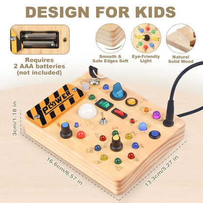 LED Busy Board for Toddlers - Montessori Sensory Toy with 10 Switches & 19 Lights, Wooden Activity Board for Fine Motor Skills, Ideal Educational Birthday Travel Toy Gift for 1 2 3 Year Old Boys Girls