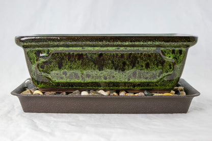 8" Rectangular Moss Green Glazed Bonsai Pot, Cactus & Succulent Planter + Tray + Rock + Mesh Combo