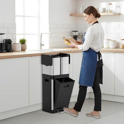 HOLDN’ STORAGE 32L Triple-Compartment Trash & Recycling Bin for Kitchen, 2 Removable Hook-On Bins, Multi-Access Opening, Odor Control, Stainless Steel, 3 Trash Bag Rolls Included