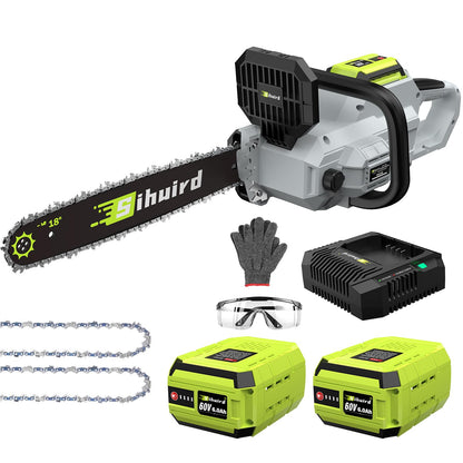 Sihuird 60V 18-Inch Cordless ChainSaw, 2 x 60V 6.0Ah Battery and Charger, Brushless Motor Electric Chainsaw with Tool-free Chain Tension & Auto Lubrication for Tree, Wood Cutting-SL9160