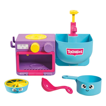 Toomies E73264 Bubble & Bake Bathtime, Bath Toddlers, Kitchen Themed Bubble Making Toy, 2 in 1 Set, Kids Water Play Suitable for 18 M & 2 3 & 4 Year Old Boys & Girls, Multicoloured, 21 X 28 X 15 cm