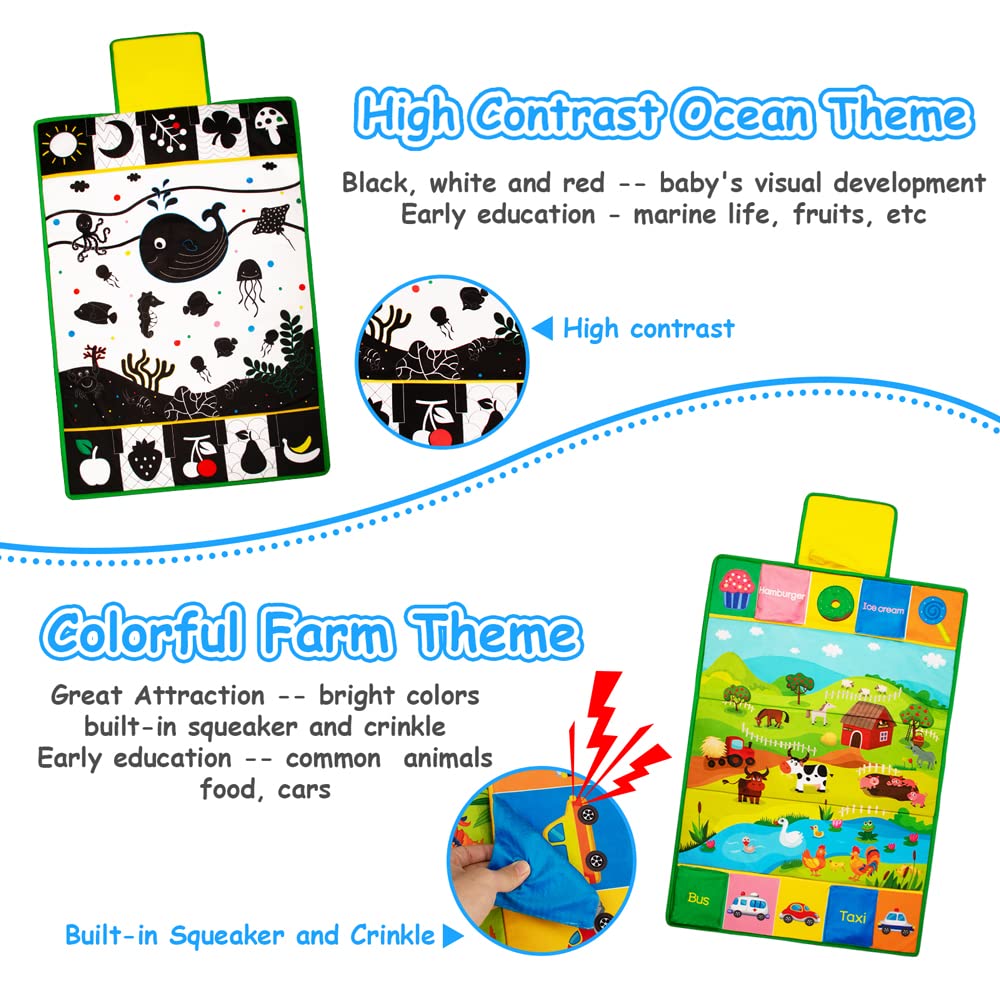 Inbeby Tummy Time Mirror & Play Mat & Pillow 3-in-1, High Contrast Black and White Baby Toys, Activity Mat for Early Education, Newborn Infant Tummy Time Toy Set for 0 3 6 12 Month Crinkle/Squeake