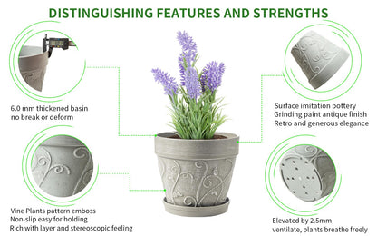 Melphoe Plant Pots Indoor with Drainage & Saucer, 2Pack 7 inch Flower Pots Outdoor Planters for Indoor Plants Garden Home Decor Cactus Succulent, Rigid Plastic (Imitation-Terracotta) Vine-Embossed