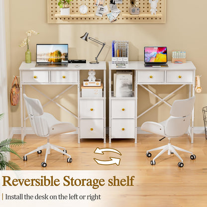 3IngSeagulls Small Computer Desk with 4 Fabric Drawers, Simple Writing Desk for Home Office, Compact Study Desks for Small Spaces, Kids Desk Study for Bedroom, White