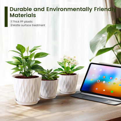 Meowell 7/6.5/6/5.5/5/4.5/4 inch Plant Pots for Indoor Outdoor Plants, 7 Pack Thick Flower Pots with Drainage Holes and Saucers, Modern Wave Texture Plastic Planter Pots for Nursery, Succulent, White