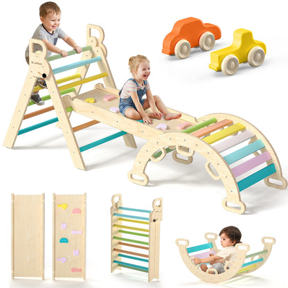 BlueWood Pikler Triangle Set 7in1 Foldable Baby Climbing Toys Wooden Montessori Climbing Set with Arch&Ramp&Ladder Baby Climber Indoor Jungle Gyms for Toddlers Montessori Toys - Rose Garden