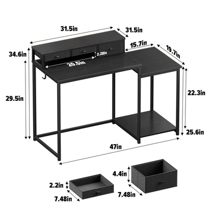 SINPAID 47 inch Computer Desk with Printer Shelf, Gaming Desk with Monitor Stand and Drawers, Reversible Home Office Desk with Storage Shelves and 2 Hooks, Home Workstation for Study Writing, Black
