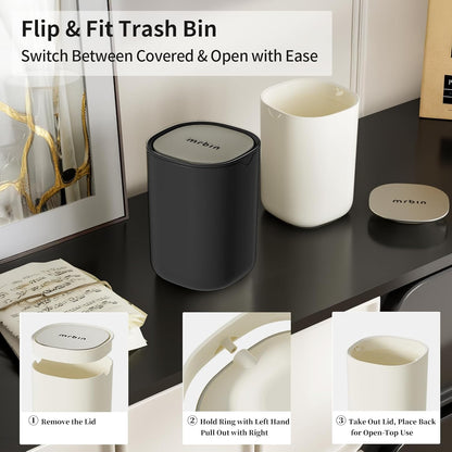 MRBIN Desk Mini Car Trash Can, 0.4 Gallon Table Top Plastic Waste Basket with Stainless Steel Lid, Small Garbage Bin for Bedroom, Coffee Bar, Vanity Countertop, Black