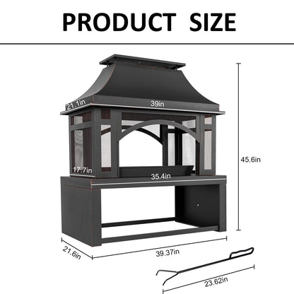 39" Fire Pits with Wood Storage for Outside, Large Wood Burning Outdoor Fireplace with Chimney, Mesh Spark Screen & Fire Poker, Idea for Backyard, Patio, Party, Camping, Picnic