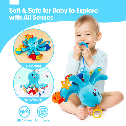 hahaland Baby Toys 0-6 Months - Car Seat Toys Octopus Toy with Pulling Cords, Squeaky, Crinkle, Rattle, Mirror, Montessori Newborn Sensory 4 Month Babies Gift Stroller Carseat Hanging Toy for Baby Gym