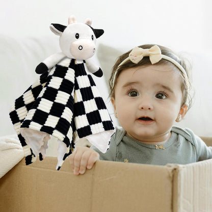 BEILIMU Cow High Contrast Baby Security Blanket for Babies, Soft 3D Checkerboard Lovey with Minky Dot Fabric Backing, Newborn Boys and Girls Snuggle Stuffed Animal Blankie 14 Inch