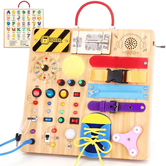Busy Board 23 in 1 Montessori Toy for Toddlers Age 1 to 3 Wooden Educational Learning Toy with 15 Switches 26 LED Lights Music Box Lock Zipper Sensory Toy for Soothing Infants