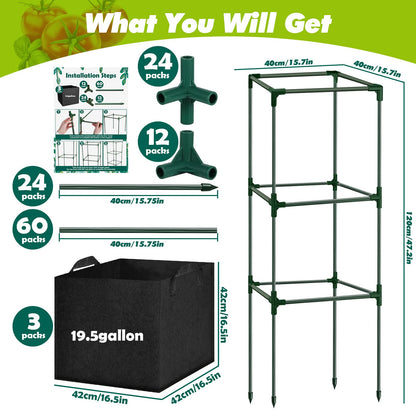 SUNXIZ 3 Pack Tomato Cages 47 Inch for Garden with 19.5 Gallon Square Grow Bags Planter Pots with Heavy Duty Trellis Plant Stakes Support Frames for Vertical Climbing Cucumber Vegetables Flowers