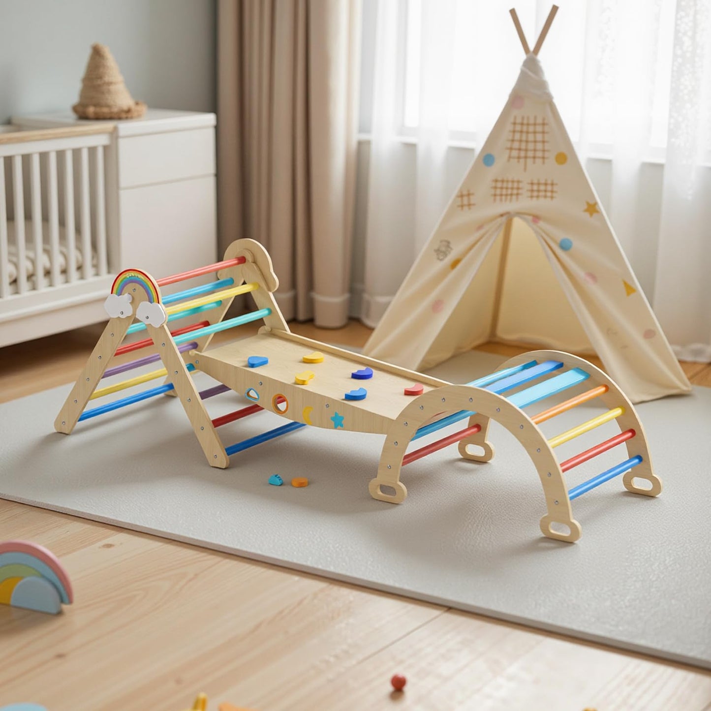 Duwenem Pikler Triangle Set, 10in1 Toddler Climbing Toys Indoor, Montessori Kids' Indoor Climbers & Play Structures with Arch&Ramp&Ladder, Indoor Baby Climber for Montessori Toys