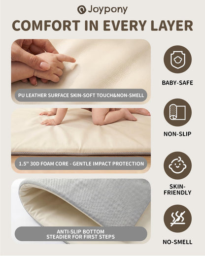 Joypony Baby Play Mat for Floor 50x50, 1.5” Thick Vegan Leather Crawling Mat with Removable Cover, Waterproof Playpen Mat for Infants and Toddlers, Wipe-Clean Kids Playmat, Cream