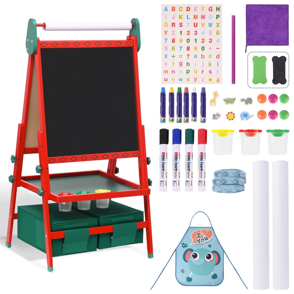 BBV Kids Wooden Easel with Paper Roll, Adjustable Magnetic Double Sided Drawing Board Whiteboard & Chalkboard Dry Easel Board, Children Art Easel for 3~12 Years Kids Boys Girls Painting Drawing（Red）