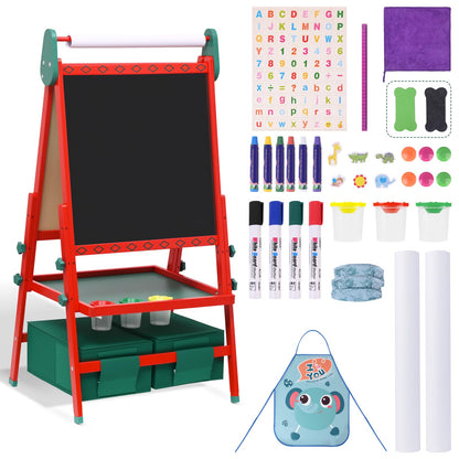 BBV Kids Wooden Easel with Paper Roll, Adjustable Magnetic Double Sided Drawing Board Whiteboard & Chalkboard Dry Easel Board, Children Art Easel for 3~12 Years Kids Boys Girls Painting Drawing（Red）