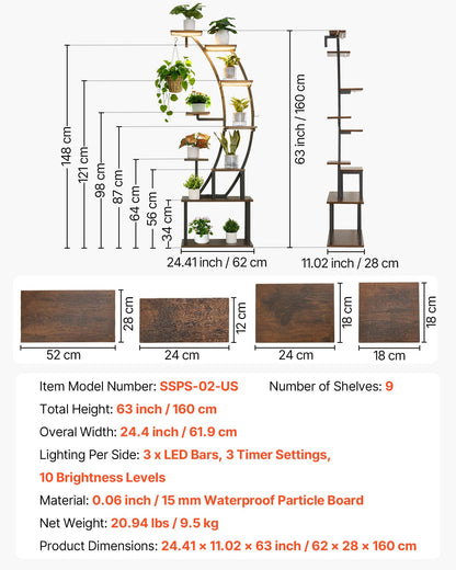 VEVOR Plant Stand Indoor with Grow Lights, 63 in Tall 9-Tier Lighted Plant Shelf, Metal Corner Plants Holder, 3 Timer & 10 Brightness, Curve-Shaped Flower Display Rack for Living Room Balcony Decor