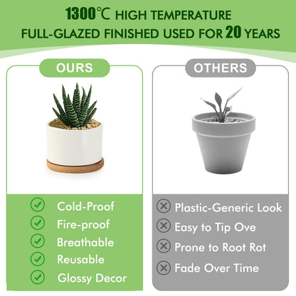 ZOUTOG 12 Pack Ceramic Succulent Pots,3.6 Inch Plant Pots,Succulent Planters with Drainage Hole & Bamboo Tray for Indoor Plants,White Small Flower Planters for Home,Office,Desk
