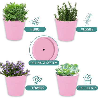 Linzenter Indoor Herb Garden Set of 3 with Tray and 3 Types of Gardening Tools, Metal Plant Pots Herb Garden Planter Kit with Drainage for Plants (Pink)