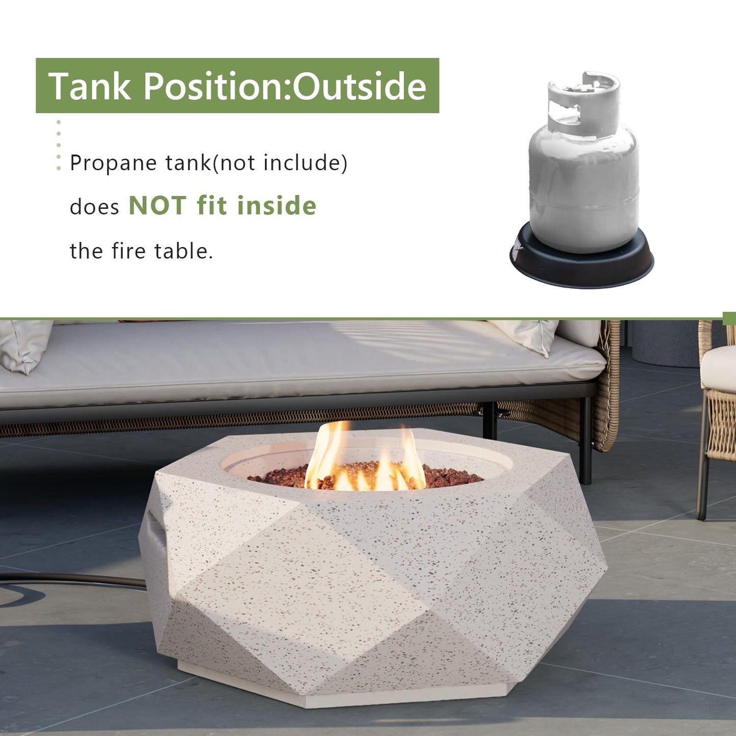 COSIEST Outdoor Propane Fire Pit Table w Terrazzo White Faux Stone 24-inch Hexagon Base, 40,000 BTU Stainless Steel Burner, Free Lava Rocks and Rain Cover