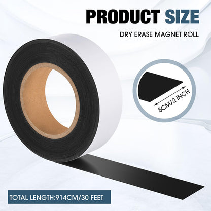 Amylove 2" x 30ft Magnetic Tape Strip Roll, Dry Erase Label, Writable Magnets Sticky Labels, Flexible Magnet Dry Erase Tape Strips for Whiteboards, Refrigerator, Crafts, DIY Storage