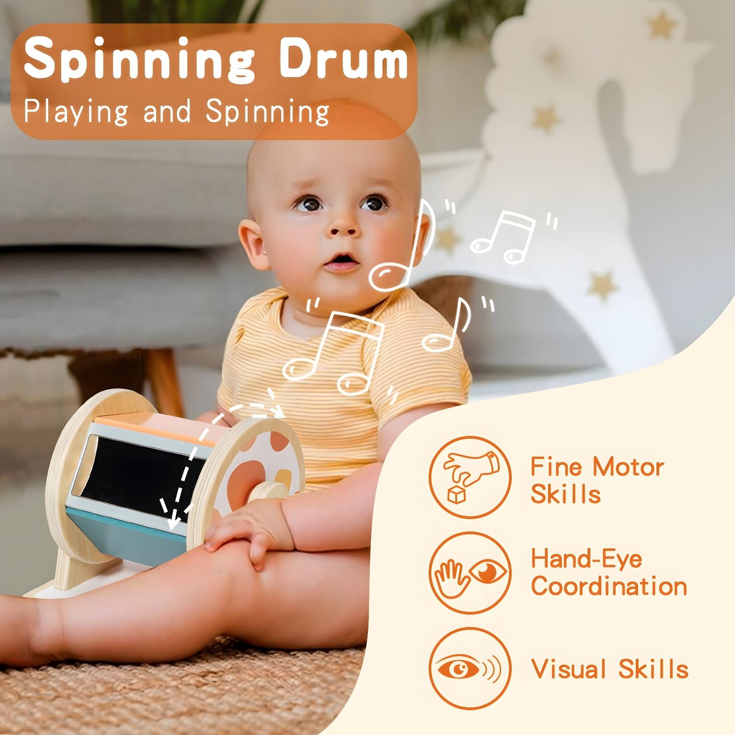 Twefex Montessori Toys for Babies 6-12 Months - 3 in 1 Baby Toys Play Kit - Medium Spinning Drum - Baby Tissue Box Toy - Peekaboo Knob Puzzle with Cards - Learning Educational Toy for Boys and Girls