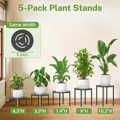 iDavosic.ly 5-Pack Metal Plant Stands for Indoor Outdoor, 10 Inch Small Flower Pot Holder, Anti-Rust Heavy Duty Iron Planter Stool, Sturdy Round Plant Risers for Home Garden Patio, Modern Black