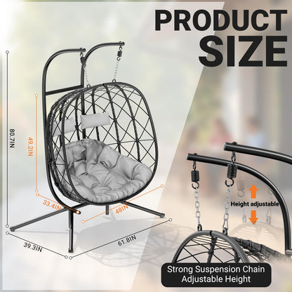 LEVELEVE Double Egg Swing Chair with Stand - 2 Person Outdoor Patio Hanging Wicker Hammock Chair with Cushion, Dark Grey, for Garden, Lawn, Bedroom, Indoor/Outdoor Use