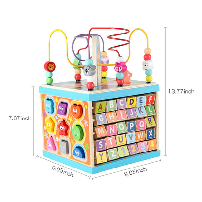Qilay Wooden Activity Cube for Toddlers (Large), 5 in 1 Multipurpose ABC-123 Abacus Bead Maze Shape Sorter | Early Educational Toy for Toddlers - First Birthday Present for Boys Girls