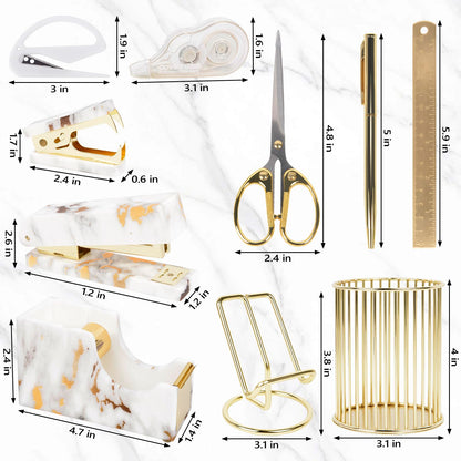 Office Desk Accessories Supplies - 13 Pcs Women Gold Marble Desk Decor Set, Cute Aesthetic Office Essentials Kit, Stapler Tape Dispenser Pen Organizer, Acrylic Mini Teacher Stuff for School Home Work
