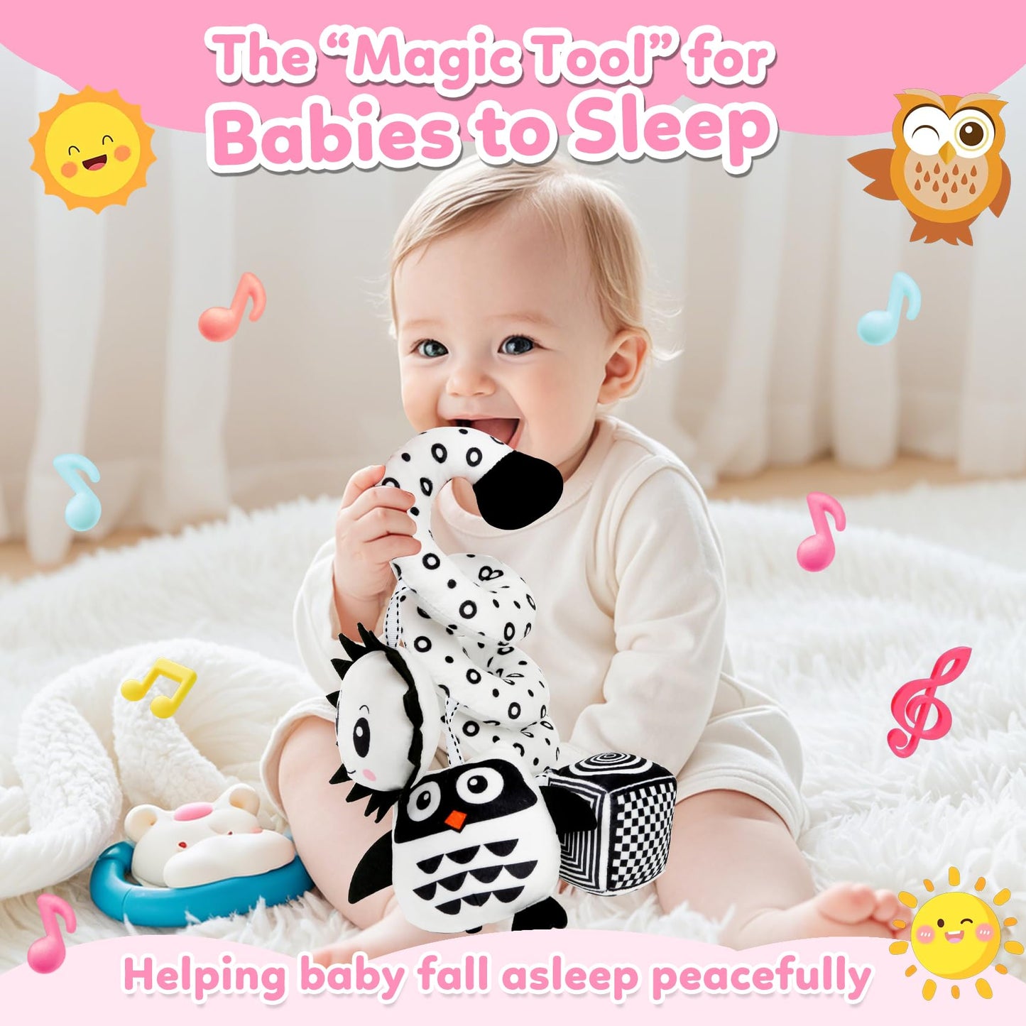 Baby Hanging Stroller and Car Seat Toys High Contrast Baby Toys for Newborn Black and White Sensory Plush Activity Toy for Babies 0-6 Months-OWL