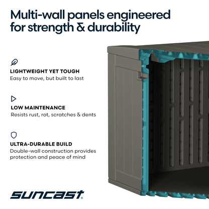 Suncast Extra Large Deck Box - 124 Gallon Resin Outdoor Storage Box with Lockable Lid for Outdoor Cushion Storage, & Garden Gear, Stoney Grey Wicker Bin for Patio, Porch, Pool, & Yard