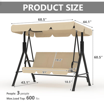 Garvee Outdoor Porch Swing with Adjustable Canopy, 3-Seat Patio Swing Chair with Stand, Heavy Duty Outdoor Swing for Adults, Metal Frame Patio Swing for Garden, Backyard & Poolside,Khika