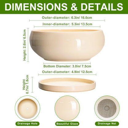 EPFamily Small Bonsai Pots - 6 Inch Ceramic Succulent Planters for Indoor Plant Outdoor, Shallow Planter with Drainage Hole and Saucer, Round Succulent Pots, Kitchen Decor, Gifts for Women Men, Beige