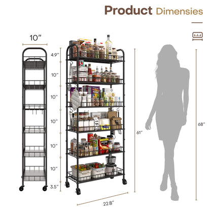 Qiaoxuan 6 Tier Slim Storage Cart with Wheels, Metal Mobile Shelving Unit Organizer Utility Cart for Office Bathroom Kitchen Laundry Room Narrow Places (10inches)