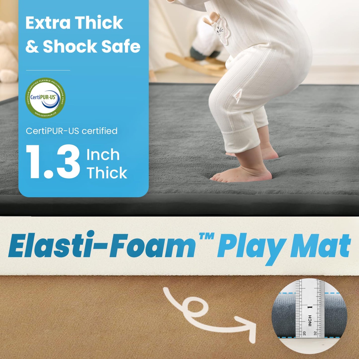 PaPaMat 1.3" Thick Baby Play Mat for Floor Playpen, 50x50 Foam Tummy Time Mat, Padded Support Soft Plush Nursery Rug for Infant Kids Toddler Crawling Kick Activity (Dark Grey)