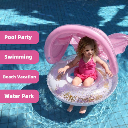 Pool Floats Kids, Inflatable Baby Toddler Swim Ring with Gold Glitter Butterfly Back Support, Ages 6+ Months Under 50 lb, Cute Summer Pool Floaties, Baby Beach Essentials, Dreamy Butterfly Design