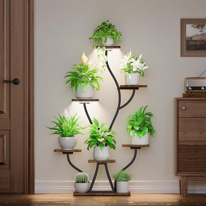 Plant Stand Indoor with Grow Lights, 7 Tiered Indoor Plant Shelf, Corner Plant Stands for Indoor Plants, Metal Plant Shelf Flower Display, Seaweed-Shaped Plant Rack for Living Room, Patio, Black