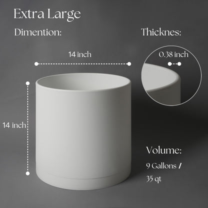 Giraffe Creation 14-Inch Round Cylinder Plant Pot, Modern Indoor/Outdoor Planter with Drainage Hole, Saucer & Water Reservoir, White