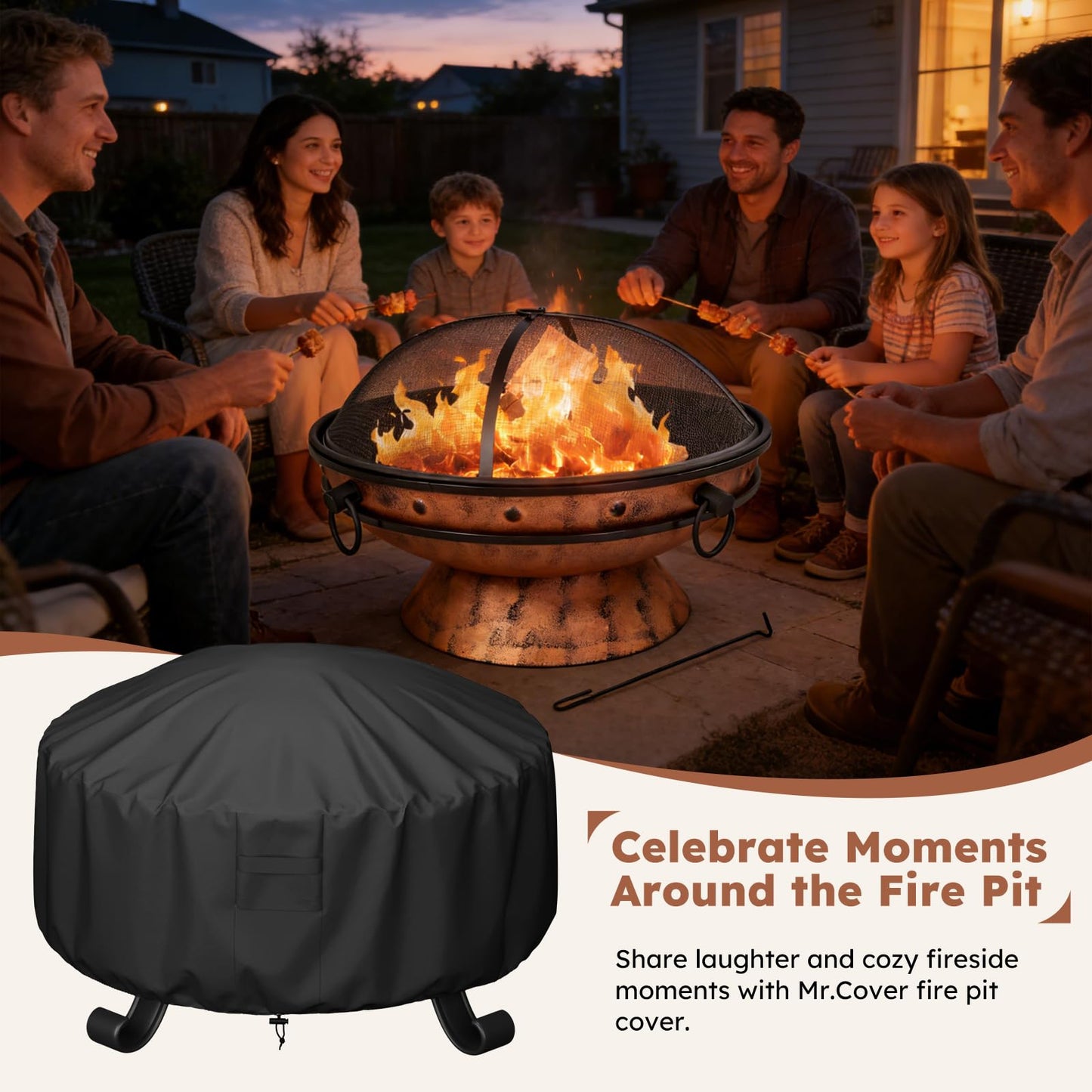 MR. COVER Round Fire Pit Cover 48 Inch, Heavy Duty 600D Waterproof Windproof Fire Pit Table Cover, Rip-Proof Fade Resistant Outdoor Firepit Cover with Straps and Built-in Vents, Black