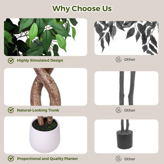 Jocoevol 7FT Artificial Ficus Tree, Tall Faux Trees Indoor with White Planter, Dried Moss, Natural Silk Leaves & Trunk, Fake Plants for Home Living Room Office Corner Decor Housewarming Gift