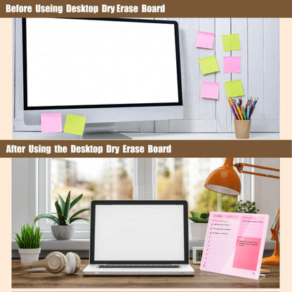 Desktop Thickened Acrylic Dry Erase Board to do List Planner Board，12"x10"，Tabletop Whiteboard with Stand，Frameless Pink Dry Erase White Board，for Office/Home/School
