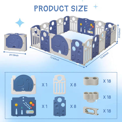 HAPPYMATY Baby Playpen, 18-Panel Foldable Play Pen for Babies and Toddlers, Indoor Outdoor Baby Fence with Sensory Play Panel, Adjustable Shape Activity Play Center, Portable & Easy Assemble