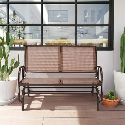 Giantex Swing Glider Chair 48 Inch with Spacious Space, 2 People Lounge Cozy Patio Bench Outdoor & Indoor for Patio, Backyard, Poolside, Lawn Steel Rocking Garden Loveseat (Brown)