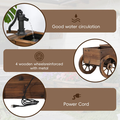 Outdoor Water Fountain, Wooden Wagon Garden Fountain with Planter Box, Rustic Cart Water Feature with Retro Hand Pump, Decorative Outdoor Flower Pot for Patio & Backyard, Plug-in Electric