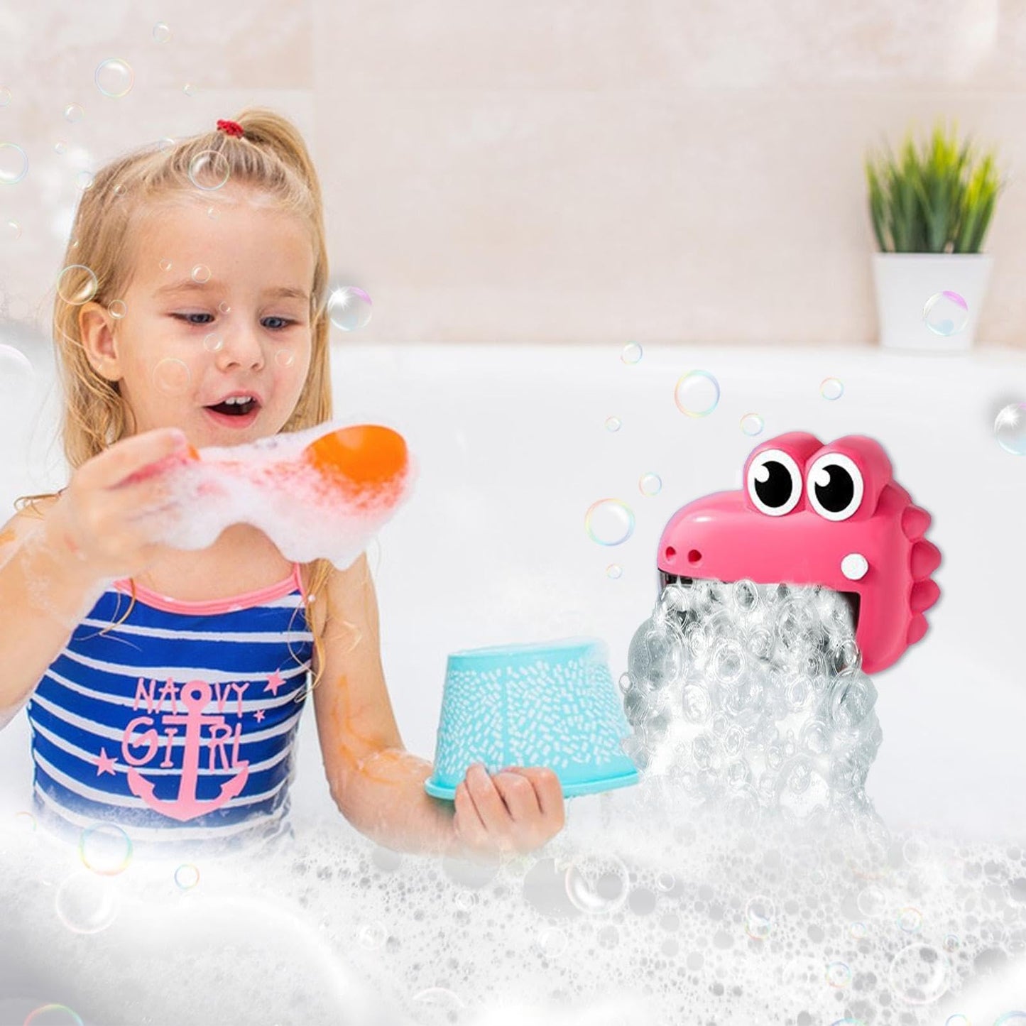 Bubble Machine - Cute Frog Bath Toy Maker, Bathtub Foam Blower Device with Colorful Cartoon Design Water Safe Motor, Automatic Bubble Generating Function, Ideal for Bath Time Play Shower