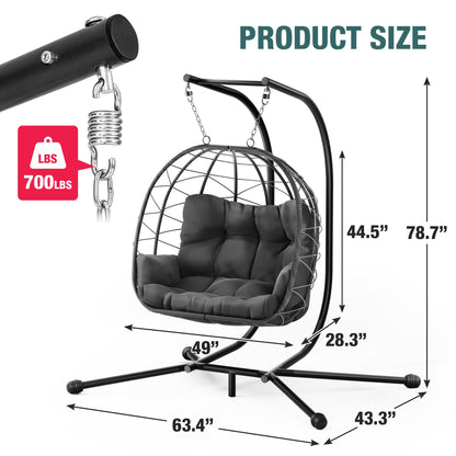 Pamapic Double Egg Chair wth Stand, 700 LBS Loveseat Rattan Swing Chair, UV Resistant Cushions with Armrests and Headrest, Thick Steel Frame Hammock Swing for Outdoor, Patio, Indoor(Grey)